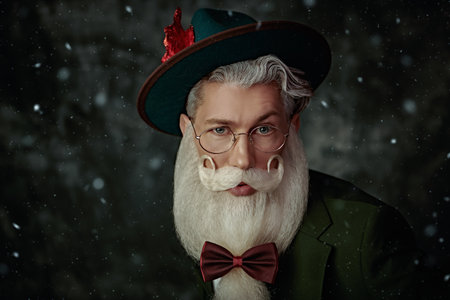 Portrait of a handsome Santa Claus with an elegant white beard and mustache in a festive green three-piece suit, a hat and spectacles under the snow. Fashion and Christmas, New Year.の写真素材