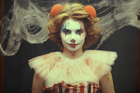 Dark circus performer. Portrait of a clown girl with red hair, dressed in a bloody circus dress, standing in an old circus dressing room and smiling. Horror. Halloween.の写真素材