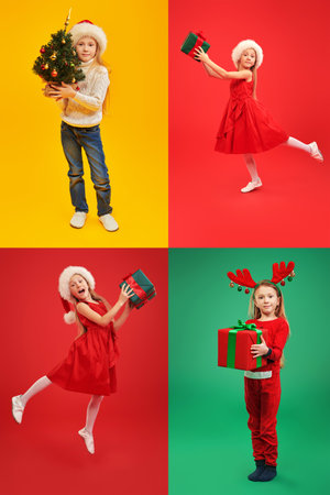 A bright collage of happy kids dressed festively and ready for New-Year celebration. Gifts, costumes. New Year and Christmas. Colorful studio backgrounds.の写真素材