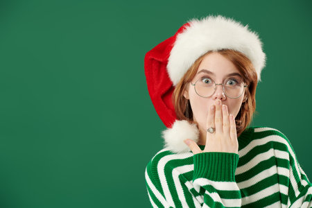 Christmas and New Year. A cheerful red-haired teenage girl in a knitted sweater and Santa Claus hat is very surprised. Studio portrait on a green background with copy space. Advertising, sales.の写真素材