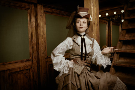 Portrait of an elegant lady in a 19th century clothes and glasses in a vintage room. Hairstyle and...