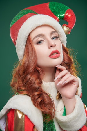 Portrait of a beautiful Christmas fairy elf girl in a bright costume on a green studio background. Tales for Christmas and New Year.の写真素材