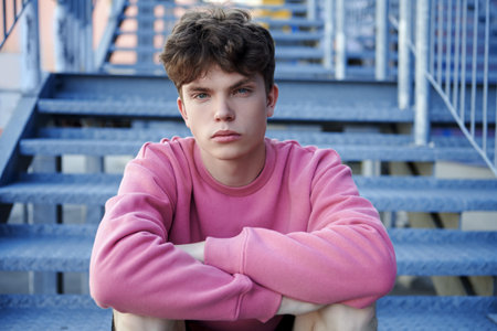 A modern young man sits pensively on a metal staircase on a city street. People, emotions. Life moments.の写真素材