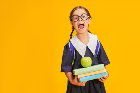 A happy little schoolgirl in a school uniform and with a school bag, books and apple poses in the studio on a yellow background with place for text. Education.の写真素材
