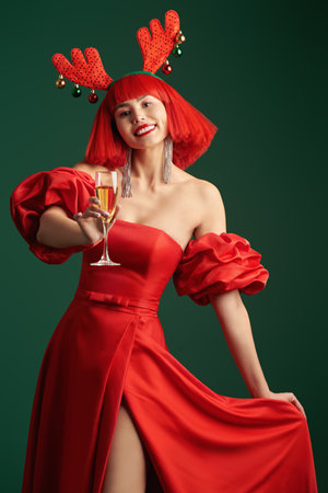 A wonderful celebration of Christmas and New Year. An attractive Asian girl model in an evening red dress, a red wig and deer horns joyfully raises a glass of champagne. Festive green background.の写真素材