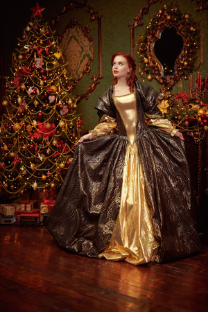 Christmas fairy tales about princesses. A beautiful red-haired princess in a rich brown and gold dress stands in the castle, fabulously beautifully decorated for Christmas, and waits for a miracle.の写真素材