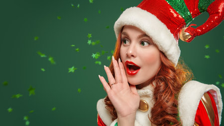 Portrait of a merry beautiful Christmas fairy elf girl in a bright costume on a green studio background. Tales for Christmas and New Year.の写真素材