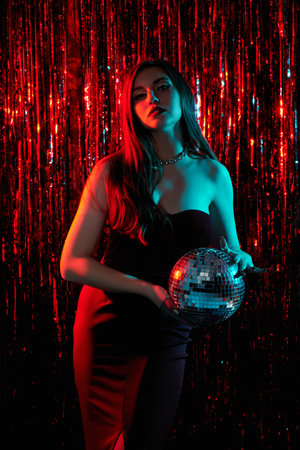 A charming brunette girl in an elegant red evening dress posing with sparkling disco balls against shiny foil curtains. Glamorous evening style and fashion. Celebrating Christmas and New Year.の写真素材