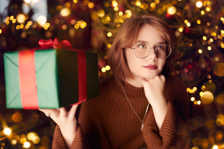 A cute red-haired girl stands in a beautiful Christmas room with a gift in her hands and is thinking about something. Dreamy mood of Christmas and New Year.の写真素材