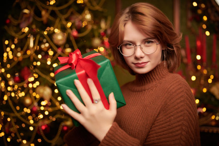 Christmas and New Year concept. A happy red-haired girl stands with a gift in her hands in a beautiful Christmas setting and smiles joyfully.の写真素材