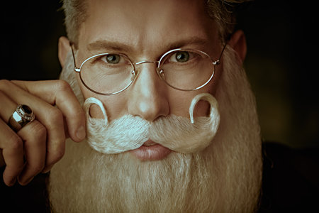 Close up shot of a handsome Santa Claus in glasses with elegant white beard and mustache. Men's beauty, hair and beards style, barbershop. Christmas and New Year.の写真素材