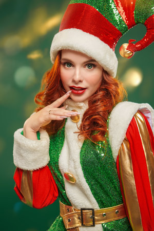Portrait of a merry beautiful Christmas fairy elf girl in a bright costume on a green studio background. Tales for Christmas and New Year.の写真素材