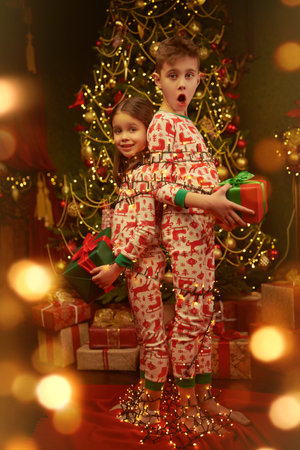 Crazy Christmas and New Year. Two funny children in pajamas are standing at home near the Christmas tree, tied with a garland and with gifts in their hands, screaming in shock.の写真素材
