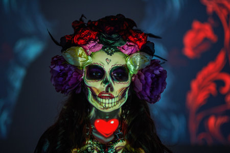 Day of The Dead. Dia de los muertos. Halloween. Charming and dangerous Calavera Catrina in a mystical atmosphere. Sugar skull girl make-up and costume.の写真素材