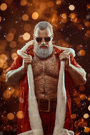 A handsome brutal muscular Santa Claus in a red fur coat and sunglasses looks at the camera. Black background with sparkles. Christmas and New Year.の写真素材