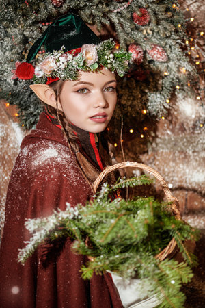 Fantasy. A beautiful young elf girl stands near a wooden hut in winter snow-covered clothes. The magic of Christmas. Winter's Tale.の写真素材