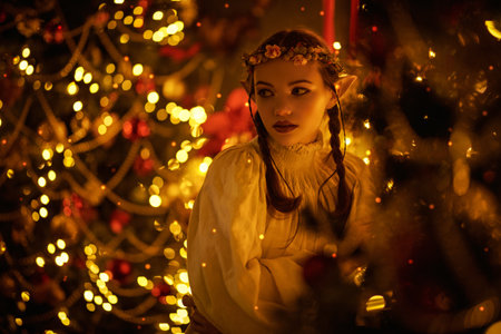A beautiful elven girl stands by a fir tree on Christmas night in a fabulous festive setting. Fantasy. Tales of Christmas. Copy space.の写真素材