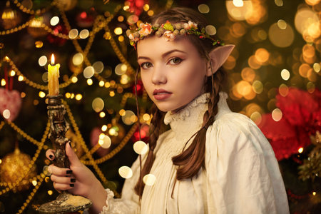 The magic of Christmas night. A beautiful elf girl in a nightgown stands with a candle in her hand in a fabulous Christmas setting. Fantasy.の写真素材