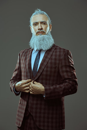A respectable man with a gray hairstyle and a beard in Japanese style, dressed in an elegant suit, looks calmly and confidently into the camera. Gray studio background. Business concept.の写真素材