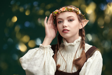 Portrait of a fairy-tale elf girl on a green studio background with magic lights. Fantasy character.の写真素材