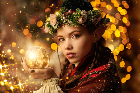 Christmas tales. Portrait of a beautiful elf girl in winter snow-covered clothes with a magic ball in her hand, standing surrounded by golden lights. Magic, fantasy.の写真素材