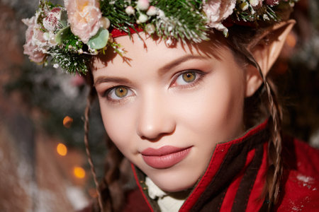 Winter Christmas tales. A fabulously beautiful elf girl in winter clothes covered with snow looks to the camera. Magic. Fantasy.の写真素材