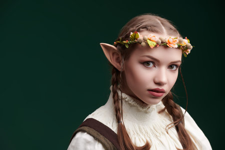 Portrait of a fairy-tale elf girl on a dark green studio background. Fantasy character. Place for text.の写真素材