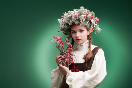 Portrait of a fairy-tale elf girl with berries on a green studio background. Fantasy character. Place for text.の写真素材