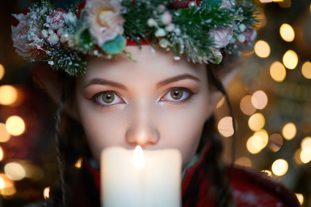Winter Christmas tales. A fabulously beautiful elf girl in winter clothes covered with snow looks to the camera from behind a candle. Magic. Fantasy.の写真素材