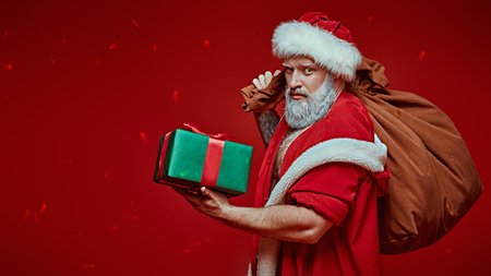 An attractive, muscular Santa Claus in a red fur coat holds gifts in box and bag and looks to the camera. Red studio background. Christmas and New Year celebration for adults.の写真素材