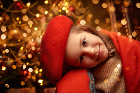 Happy childhood and Christmas. Portrait of a cute little girl with big brown eyes who smiles dreamily at the camera. In the background is a beautiful Christmas tree with golden lights.の写真素材
