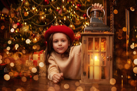 Fabulous children's Christmas and New Year. A little cute girl in a red beret holds a lantern while lying under a Christmas tree, surrounded by golden lights.の写真素材