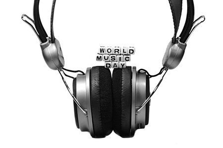 World Music Day with sound gear and headphone  Objects isolated on white background の写真素材