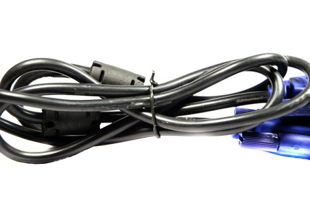 Tied VGA cable with another wire  The wires and interface isolated on white background  