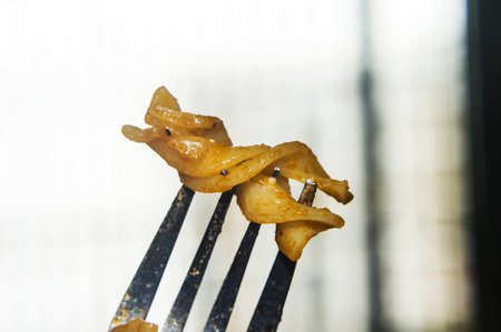 Pasta piece on the fingers of the fork 