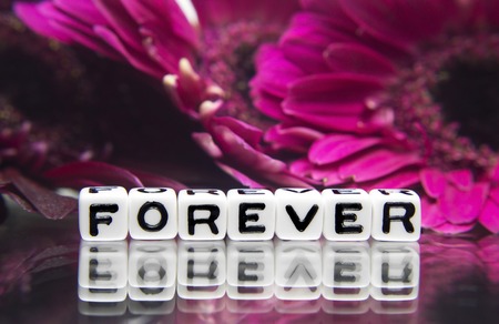 Forever text message with pink flowersの写真素材