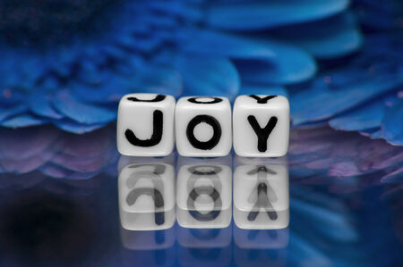 Joy text message with blue flowers in the background の写真素材