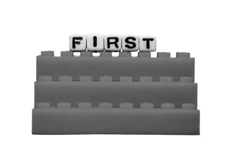 First text on grey black steps and isolated on whtie background. の写真素材