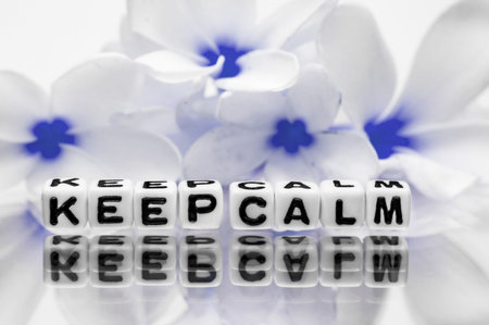 Keep calm message with blue flowers on white reflective background. 