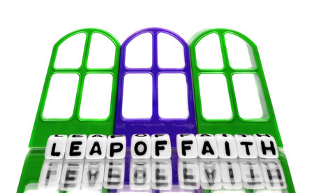 Grand leap of faith text message on green and blue gate frames.