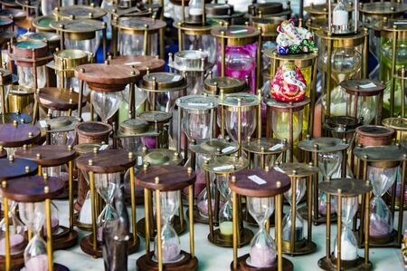 Various hourglasses on display and for saleの写真素材