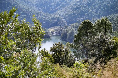 Lake covered by forest in the hills and valley of green trees.の写真素材