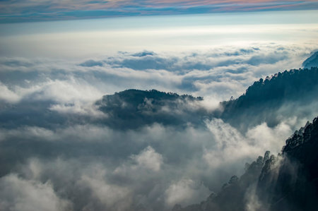 Emerging peaks among the clouds, mountains having green trees.