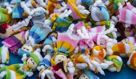 Woolen soft toys for sale at a shop.の写真素材