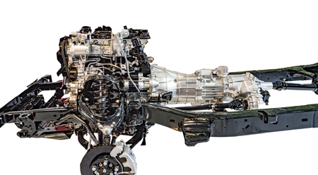 Truck chasis and engine with parts and without body coverの写真素材