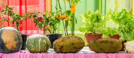 Pumpkins and jackfruits on sale and display.