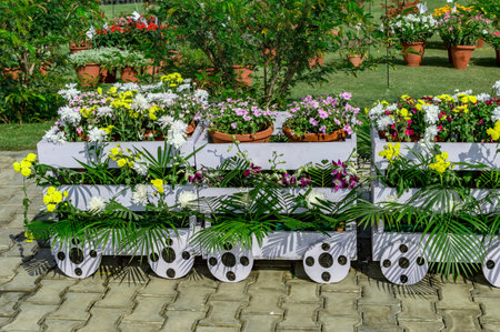 Wooden train decorated with flowers of different types.の写真素材