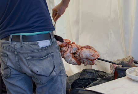 Chicken being prepared for roastingの写真素材