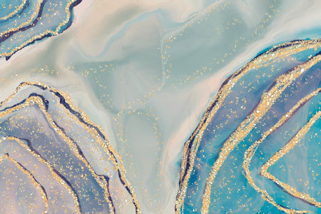 Blue Alcohol ink fluid abstract art with gold glitter and liquid and shades