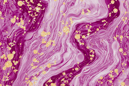 Purple pink and maroon Alcohol ink fluid abstract art with gold glitter and liquid with shadesの写真素材